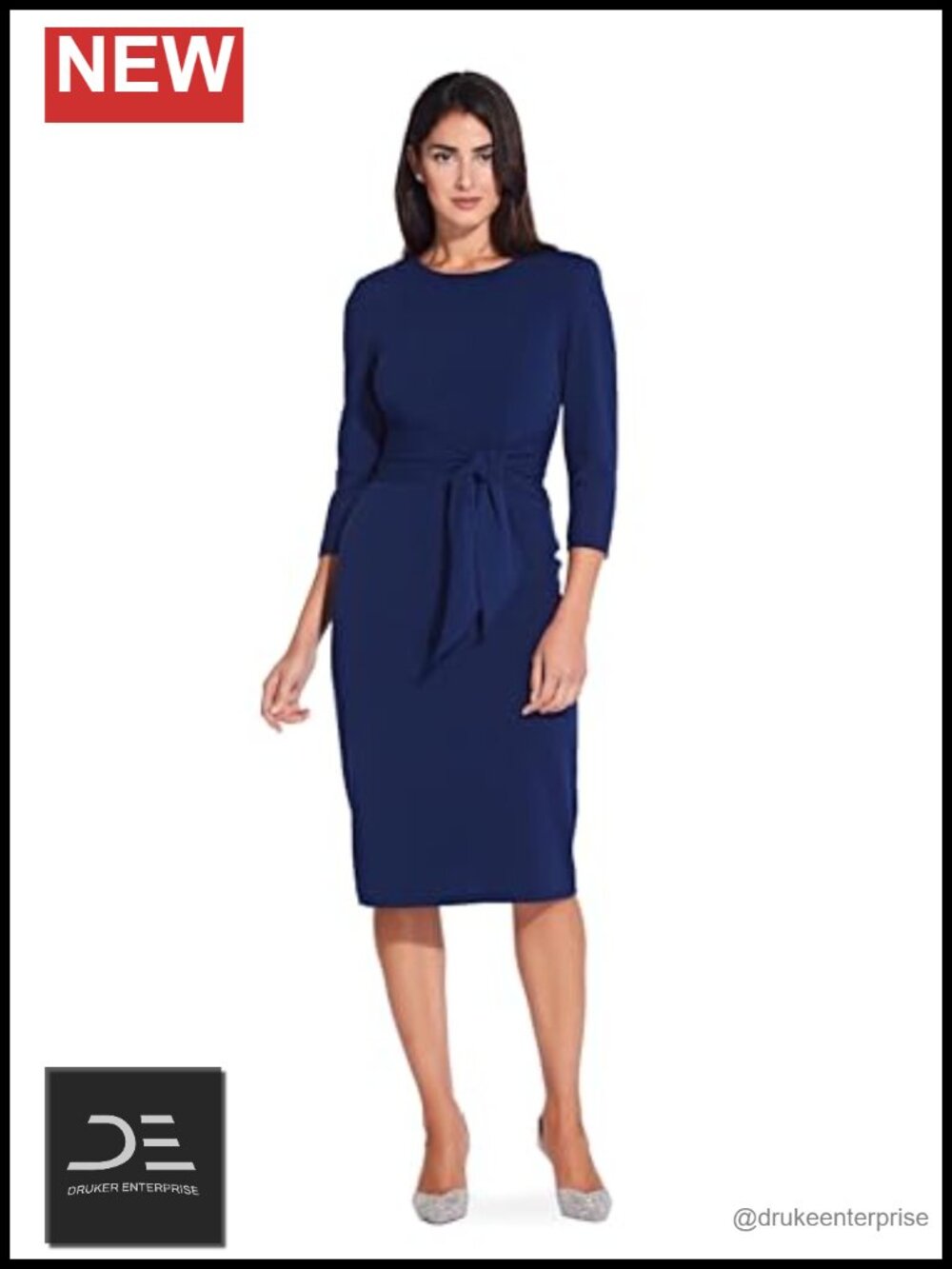 Adrianna Papell Knit Crepe Tie Waist Sheath Dress 3/4 Sleeve Midi